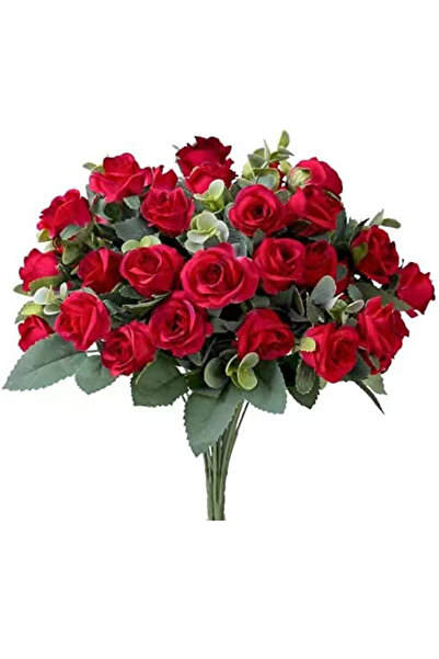 Choice1 زهرة صناعية حمراء مكونة من 10 رؤوس من الحرير وأوراق الأوكالبتوس البيض...