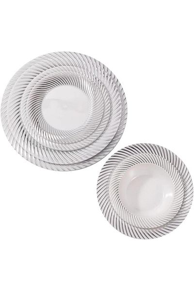 Tradeo 50pcs Silver Disposable Dinnerware Set – 7/9/10" Plates & 4/7" Bowls, Ideal for Guests & Outings