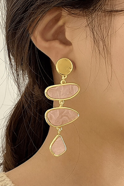 TAKIŞTIR Gold and Pink Color Stone Detailed Earrings (Pair)