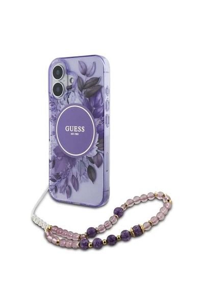 Guess Case for iPhone 16, IML Flowers with Pearl Strap MagSafe, - Purple