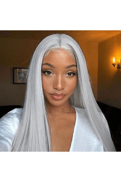 Generic Silver Gray Front Lace Wig: Euro-American New Style, Long Straight Hair, Middle Part