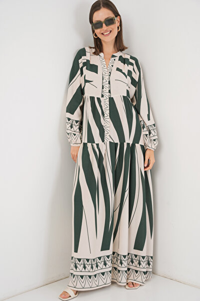 Bigdart Kadın Desenli Uzun Tesettür Elbise 2585 - A. Zümrüt Yeşili