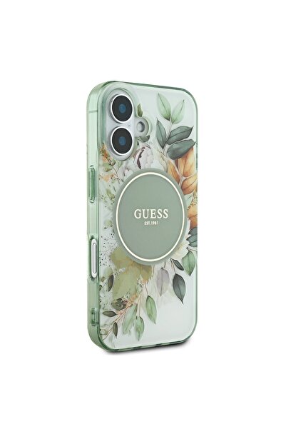 Guess Θήκη για iPhone 16 Plus, IML Flowers με λουράκι Pearl MagSafe, - Πράσινη
