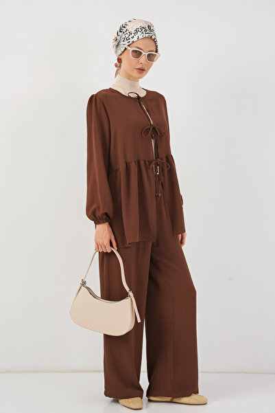 Bigdart Kadın Önü Bağcıklı Tunik Pantolon İkili Takım 6744 - Kahverengi
