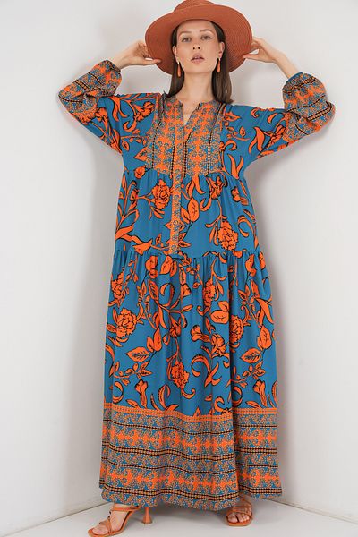 Bigdart Women's Patterned Long Hijab Dress 2585 - C. Orange