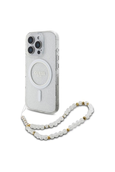 Guess Carcasă pentru iPhone 16 Pro, IML Glitter cu Curea Perlată MagSafe, - Transparentă
