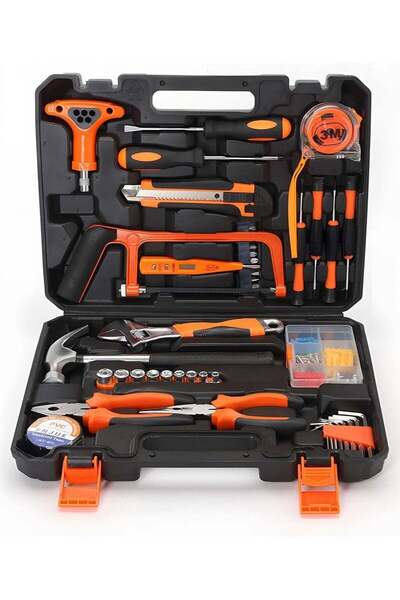 Generic 104pcs Home Repair Tool Kit with Various Tools like Wrenches, Screwdrivers, Hammer, and other Househ