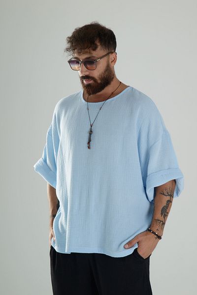COCOPELLI Blue Muslin Fabric Oversize Poor Sleeve T-Shirt