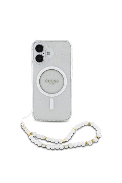 Guess Case for iPhone 16 Plus, IML Glitter with Pearl Strap MagSafe, - Transparent