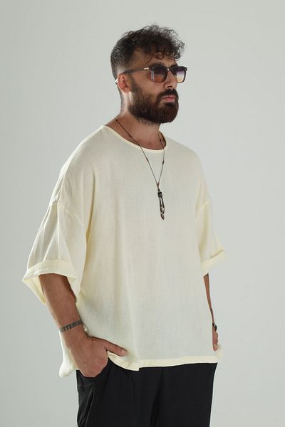 COCOPELLI Yellow Muslin Fabric Oversize Poor Sleeve T-Shirt