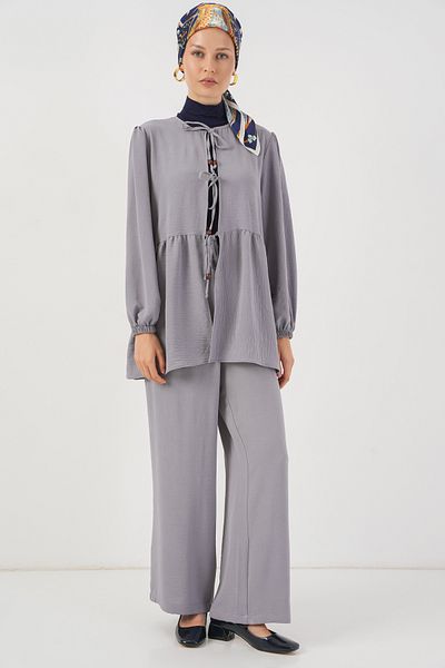 Bigdart Women's Front Lace-Up Tunic Trousers Double Suit 6744 - Gray