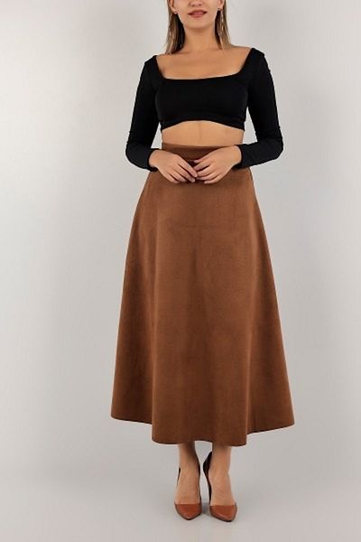 YUSUF CAN KARATAŞ KARATAŞ GİYİM Women's Hijab Suitable Suede Fabric Kiloş Bell Skirt - Tan Color Height 90cm