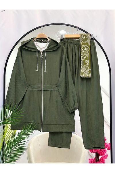 YEDİLALE Moti̇ve Hooded Zippered Relaxed Women's Double Tesstur Set