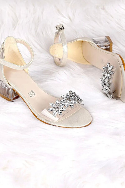 DİGGO Girl's Evening Dress Shoes Transparent Heel Flower Stone Detailed