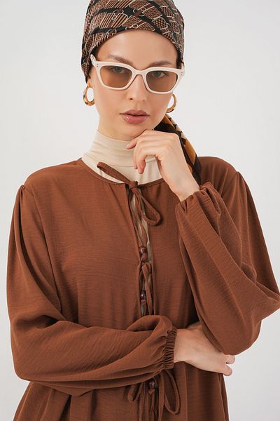Bigdart Women's Front Lace-Up Tunic Trousers Double Set 6744 - Tan