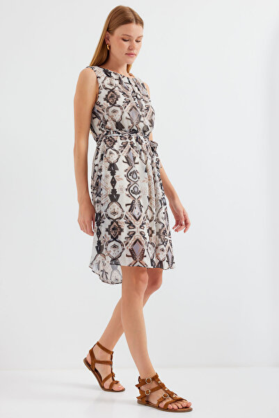 Merterium Women's Patterned Zero Sleeve Chiffon Dress Black 1161