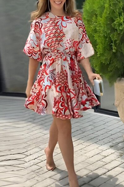 Mossta فستان قصير منقوش برقبة دائرية وأكمام بالون - منقوش