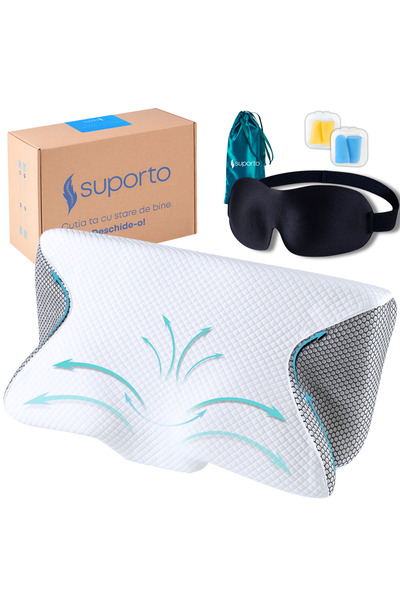 Suporto Set pernă cervicală ortopedică pentru dormit cu extensii + mască de dormit 3D, somn excelent