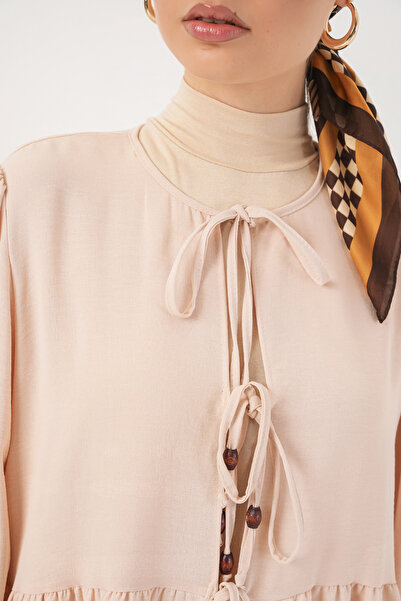 Bigdart Kadın Önü Bağcıklı Tunik Pantolon İkili Takım 6744 - Krem