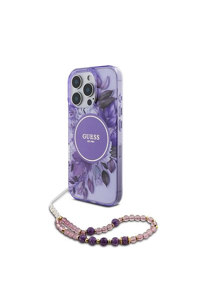 Guess Case for iPhone 16 Pro Max, IML Flowers with Pearl Strap MagSafe, - Purple