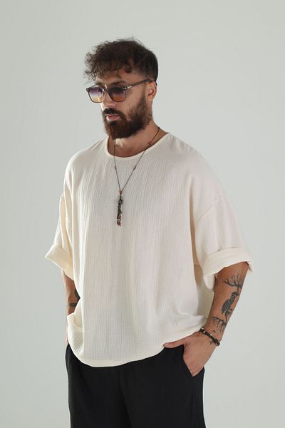 COCOPELLI Beige Muslin Fabric Oversize Poor Sleeve T-Shirt