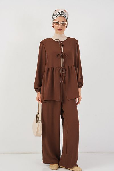 Bigdart Women's Front Lace-Up Tunic Trousers Double Set 6744 - Brown