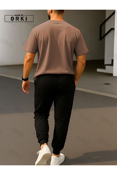 EFFRENATU Limited Edition Printed Oversize Light Brown T-Shirt & Black Pants Tracksuit Set