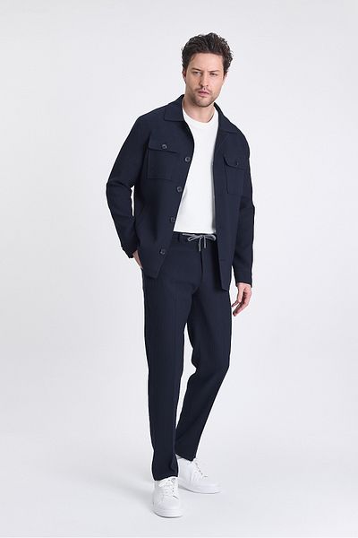Frappoli Tommas Men's Navy Blue Lycra Flexible Fabric 2-Piece Overshirt Jacket + Jogger Elastic Pants