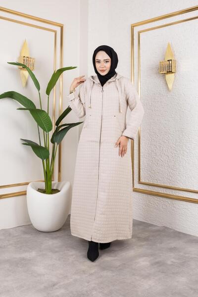 Hb Harma Time Butik Kadın Kapüşonlu Fermuarlı Cepli Bej Kapitone Uzun Kap