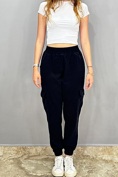 Tam Moda Women's Black Cargo Pocket Elastic Leg Trousers
