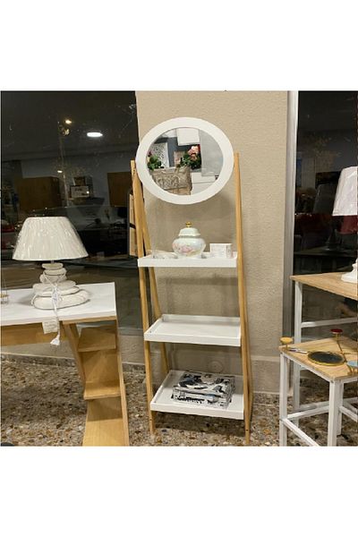 N2Y 3-Tier Bamboo Wood Shelf Stand with Mirror Modern Shape - Bathroom Organizer
