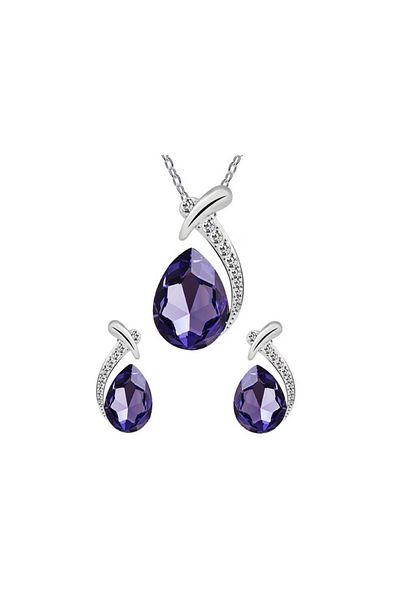 RAHEL Set of necklace with pendant and earrings, inlaid with zircon, in the shape of a water drop, Purple