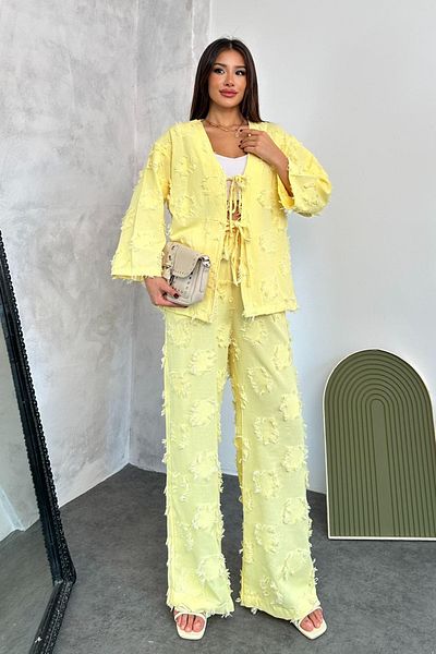 TREND KOMBİN Women's Appliqued Linen Suit – Stylish and Comfortable Two-Piece Summer Combination