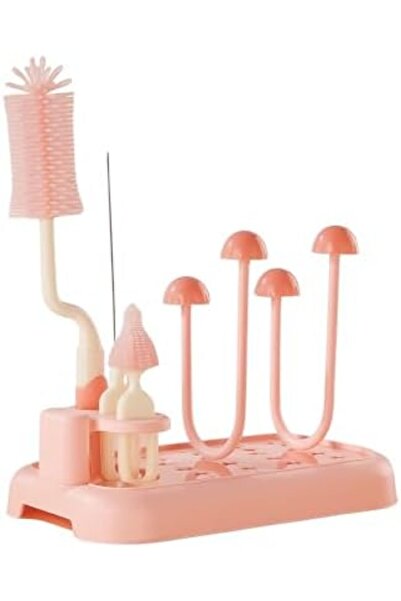 Factory Price مجموعة فرشاة تنظيف زجاجات الأطفال مع رف تجفيف - وردي