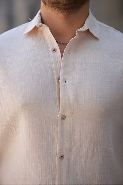 COMBİNE MİCHAİL Men's Linen Look Cream Loose Muslin Shirt
