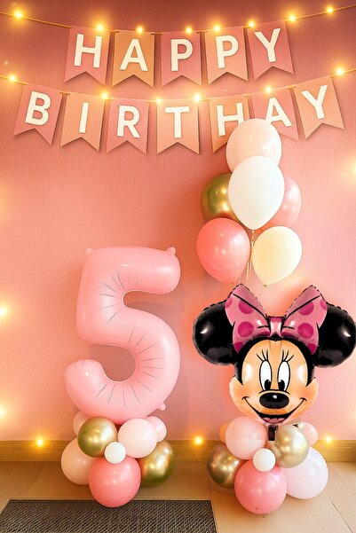 PARTİAVM 5 Yaş Minnie Mouse Pembe Rakam Balonlu İyi ki Doğdun Yazılı Banner M...