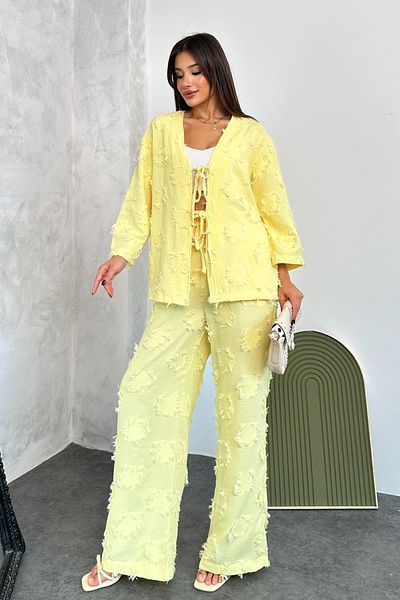 TREND KOMBİN Women's Appliqued Linen Suit – Stylish and Comfortable Two-Piece Summer Combination