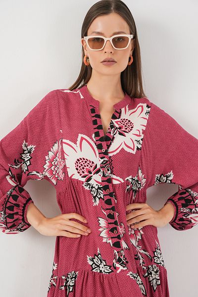 Merterium Women's Patterned Long Hijab Dress Dusty Rose 1155