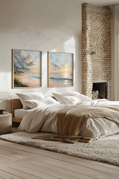 STARYUNA Σετ δύο ζωγραφικών εικόνων με ξύλινο πλαίσιο με θέα στην παραλία και το ηλιοβασίλεμα με εφέ ελαιογραφίας Yuna286