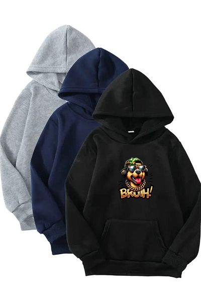 CLAYES 3-Piece Hooded Sweatshirt Set - Bruh Cool Dog Printed - Black, Navy Blue, Gray - Winter Embossed Fabric