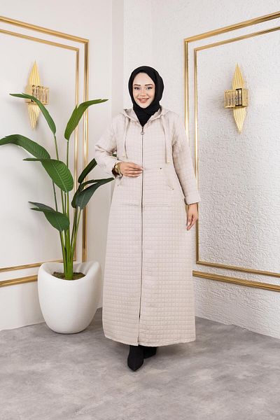 Hb Harma Time Butik Women's Hooded Zippered Pocket Beige Quilted Long Cap