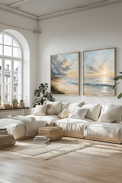 STARYUNA Σετ δύο ζωγραφικών εικόνων με ξύλινο πλαίσιο με θέα στην παραλία και το ηλιοβασίλεμα με εφέ ελαιογραφίας Yuna286