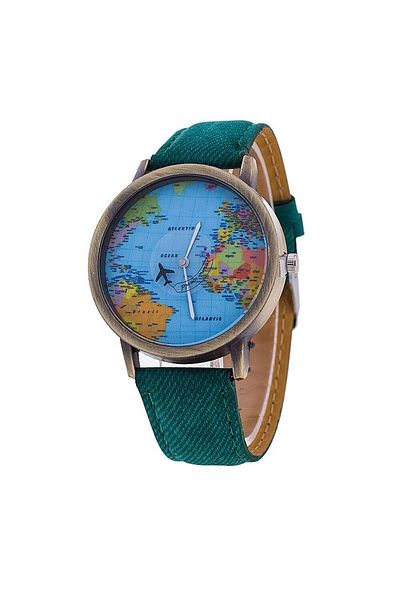 Skymag Watch with Globe Design, world map, Airplane Hand, Leather, Quartz, Analog, Green Strap