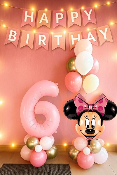 PARTİAVM 6 Yaş Minnie Mouse Pembe Rakam Balonlu İyi ki Doğdun Yazılı Banner M...
