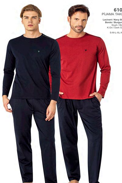 Pierre Cardin 6100 Men's Long Sleeve Crew Neck Pajama Set-Navy Blue