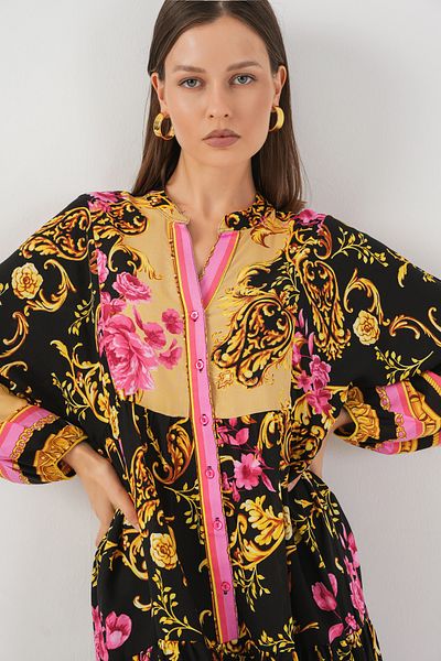 Merterium Women's Patterned Long Hijab Dress B.Yellow 1155