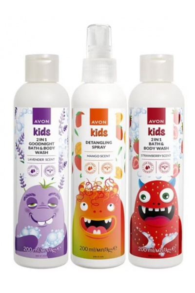 AVON Set for children, Kids - Mango Hair Detangling Spray 200, Strawberry 2in1 Shower Gel 200 ml, Gel