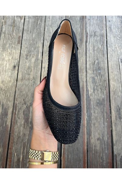 Nur Rose Women's Black Stone Comfortable Daily Anatomical Stylish Evening Dress Cup Short Thick Heeled Laceless Mother Shoes