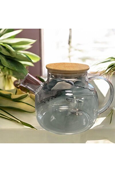 AKBAY Ahşap Kapaklı Süzgeçli Cam Çaydanlık Demlik Bitki Çayı Demliği