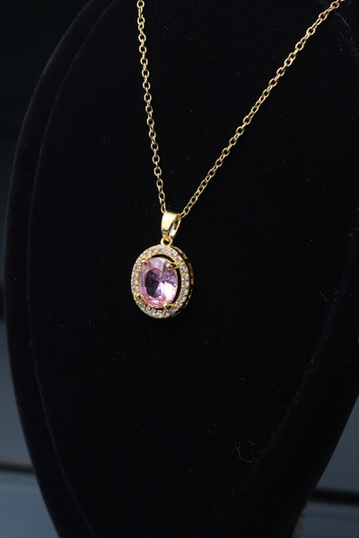 CALKARCOLLECTION Oval Cut Stone Gold Color Stainless Steel Necklace